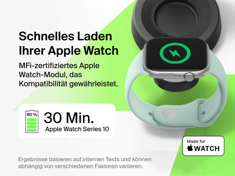 Die Belkin UltraCharge Pro verstellbare, magnetische 2-in-1-Ladestation mit Qi2 25W l&auml;dt eine Apple Watch schnell mit einem MFi-zertifizierten Modul auf. Laden von 0 auf 80&nbsp;% ist bei kompatiblen Modellen in 30&nbsp;Minuten m&ouml;glich.