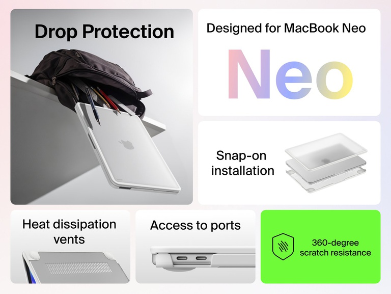 Hard Shell Case for MacBook Neo with drop protection, scratch resistance, heat vents, port access, and snap-on installation