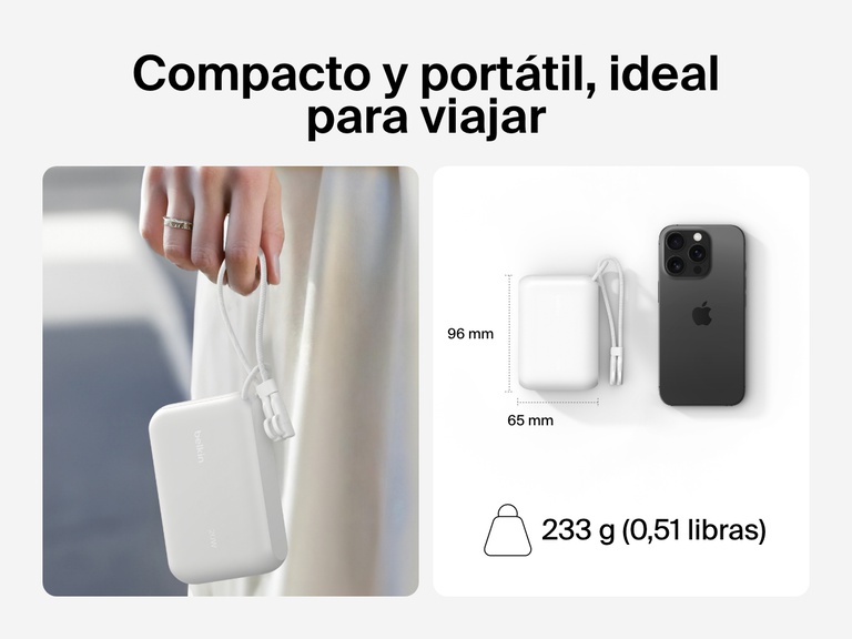 Se muestra la batería externa 10K con pantalla BoostCharge de Belkin en una mano y junto a un smartphone para hacer hincapié en su diseño compacto y portátil, ideal para viajar (dimensiones: 3,78 x 2,56 pulgadas y 233 gramos de peso).