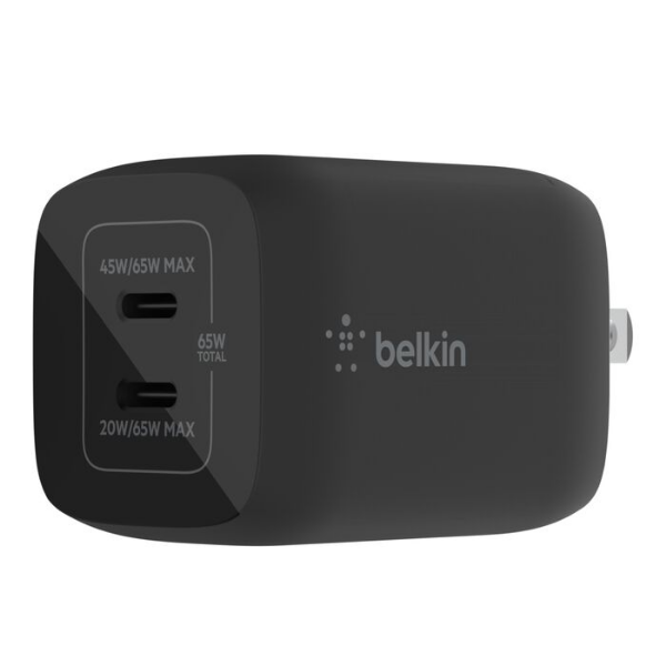 Black Belkin wall charger with two USB-C ports on the front, labeled power outputs up to 65W total, shown in angled side view with the Belkin logo on the casing.