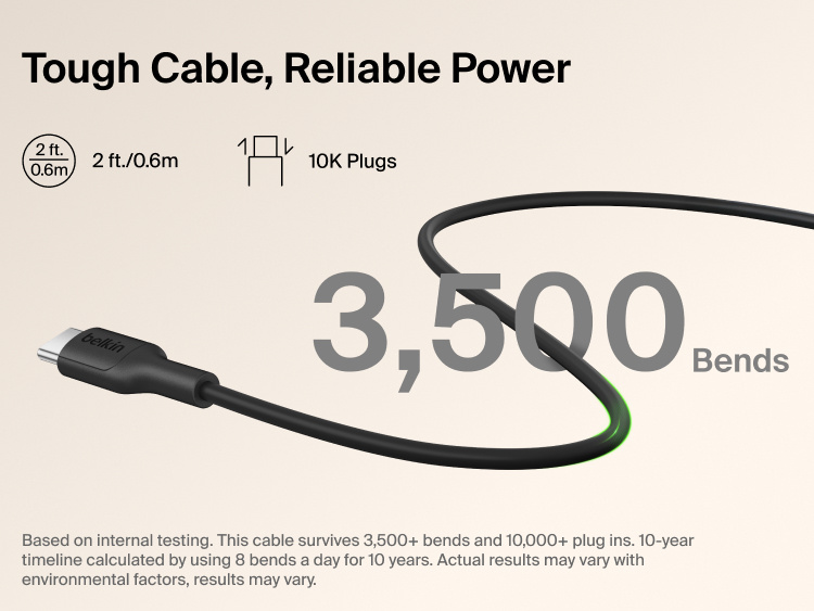 Belkin BoostCharge Slim Magnetic Power Bank 5K with Qi2 includes a durable USB-C to USB-C cable designed for long-lasting, reliable charging performance.