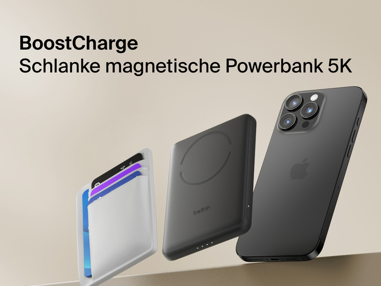 Belkin BoostCharge Slim Magnetic Power Bank 5K shown magnetically attached to a smartphone beside a slim wallet accessory, highlighting its compact portable charging design.