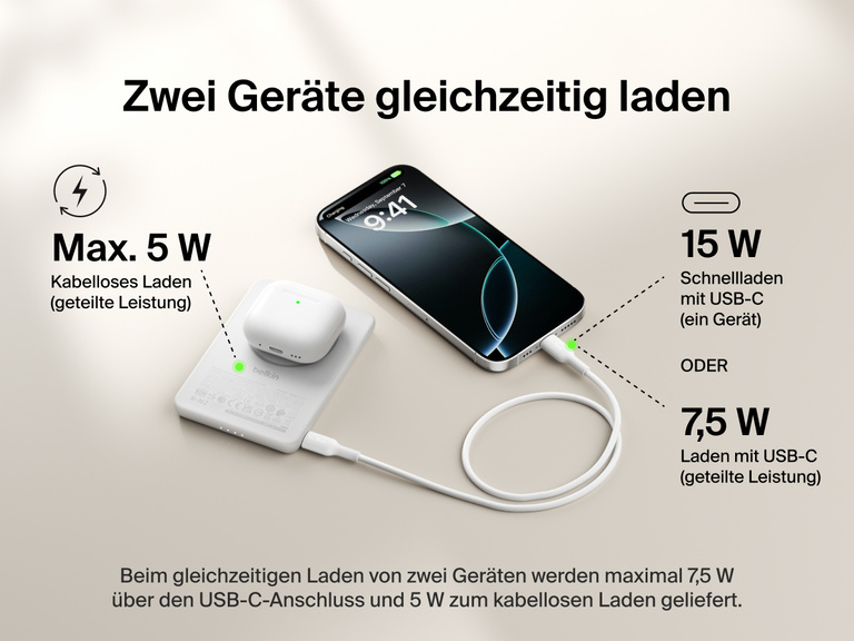 Belkin BoostCharge Slim Magnetic Power Bank 5K shown charging a smartphone and wireless earbuds simultaneously, demonstrating dual charging with 7.5W USB-C and 5W wireless shared power output.