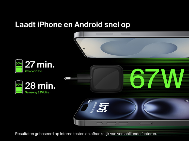 Afbeelding van een Belkin BoostCharge Pro 2-poorts USB-C GaN-wandlader van 67 W die een iPhone en een Android-apparaat snel oplaadt van 0 tot 50% in minder dan 30 minuten.