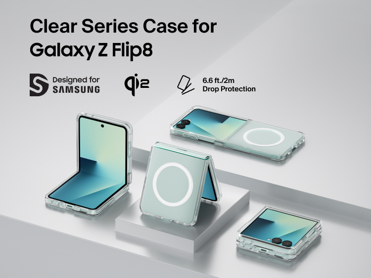Belkin Clear Series Case for Samsung Galaxy Z Flip8 shown in multiple folded positions with Qi2 compatibility and 6.6-foot drop protection.