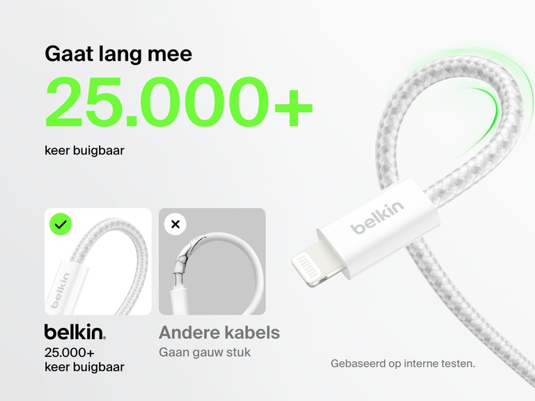 Afbeelding van de Belkin BoostCharge USB-A-kabel met Lightning-connector die de belangrijkste kenmerken benadrukt: bestand tegen meer dan 25.000 keer buigen, gevlochten ontwerp, duurzamer en sterker dan standaardkabels.