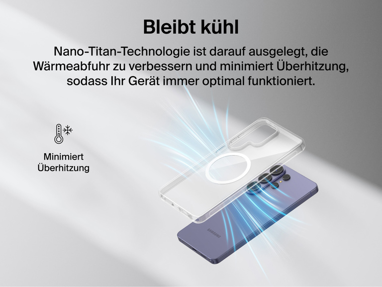 Belkin SheerForce Clear Series Case for Samsung Galaxy S26 shown with Nano-Titan technology supporting heat dissipation to minimize overheating while maintaining a slim, lightweight protective design.