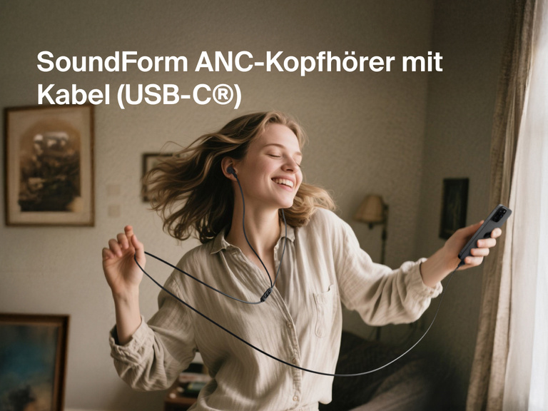 Belkin SoundForm ANC Wired Earbuds with USB-C® shown in use, delivering high-quality sound with active noise cancellation.