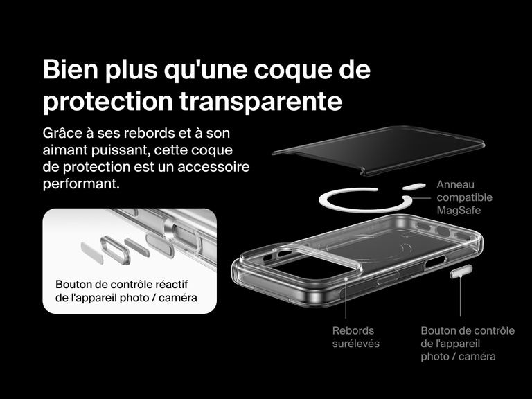 Belkin SheerForce Clear Series Case for iPhone 17 with raised edges, MagSafe-compatible ring, touch-sensitive camera button, and layered clear protection design.