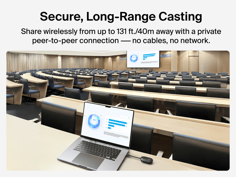 Belkin ConnectAir Wireless HDMI Display Adapter shown enabling secure long-range screen casting in a large lecture hall with a laptop transmitting to a distant display.