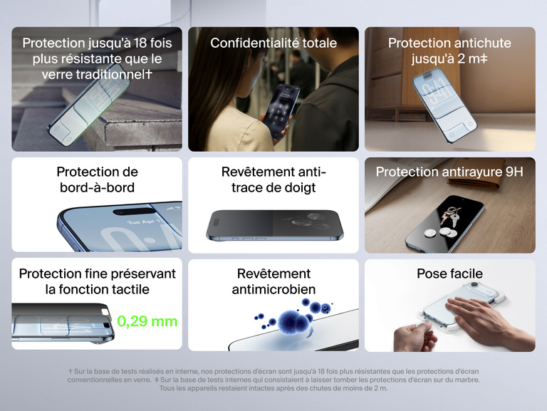 Belkin ScreenForce InvisiGlass Screen Protector for iPhone with up to 18x stronger glass, 9H scratch resistance, 6.5 ft drop protection, ultra-thin 0.29mm design, anti-fingerprint coating, antimicrobial treatment, and easy edge-to-edge application.