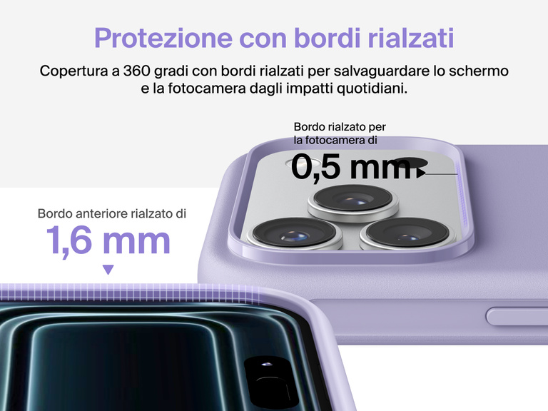 Immagine della custodia Belkin SheerForce Protect Series per iPhone 17 con design dei bordi rialzati e protezione dalle cadute di grado militare (fino a 4 metri).
