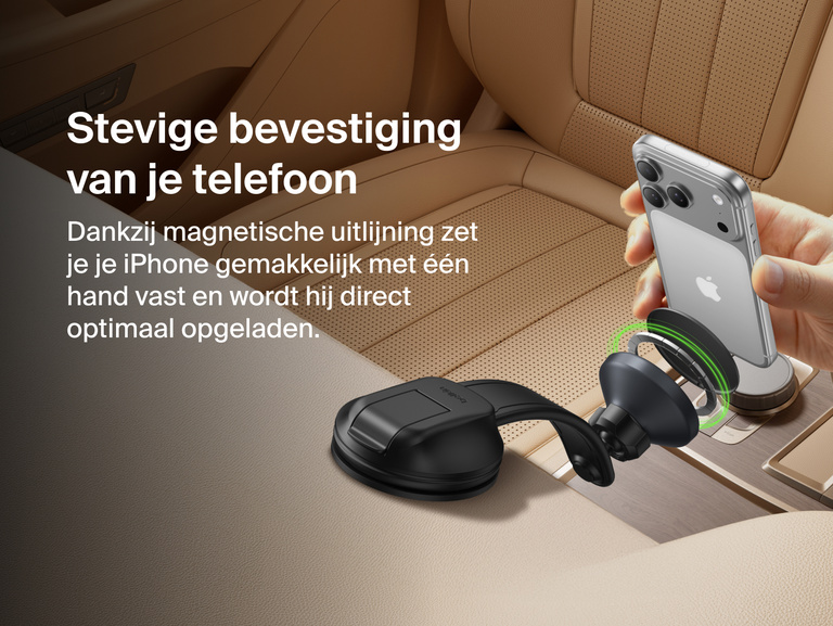 Belkin BoostCharge Magnetic Wireless Charging Car Vent and Dash Mount shown aligning an iPhone with strong magnetic attachment for quick, secure one-handed placement and instant charging.