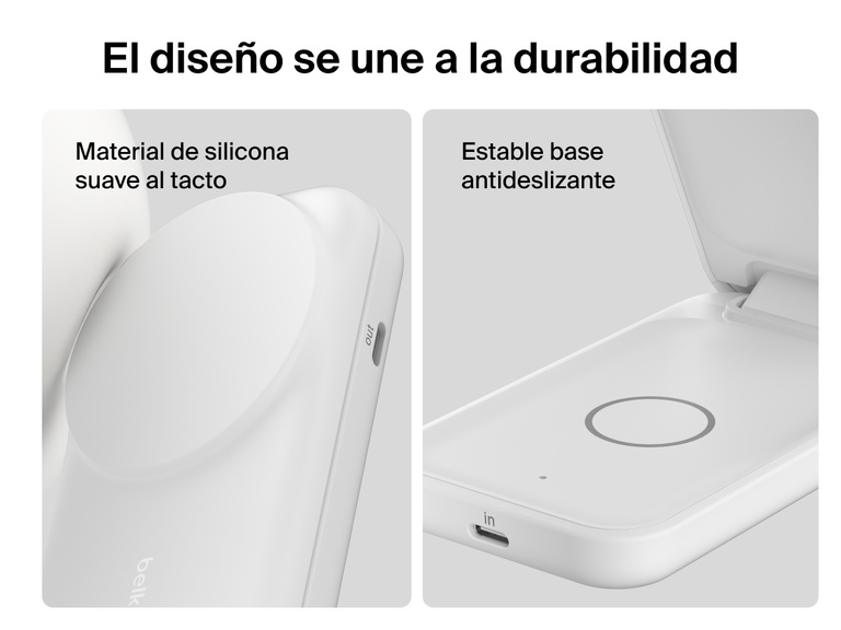Primer plano del cargador magnético plegable 2 en 1 con Qi2 25W Belkin UltraCharge. Provisto de material de silicona suave y una base lastrada antideslizante para proporcionar una mayor durabilidad y seguridad.