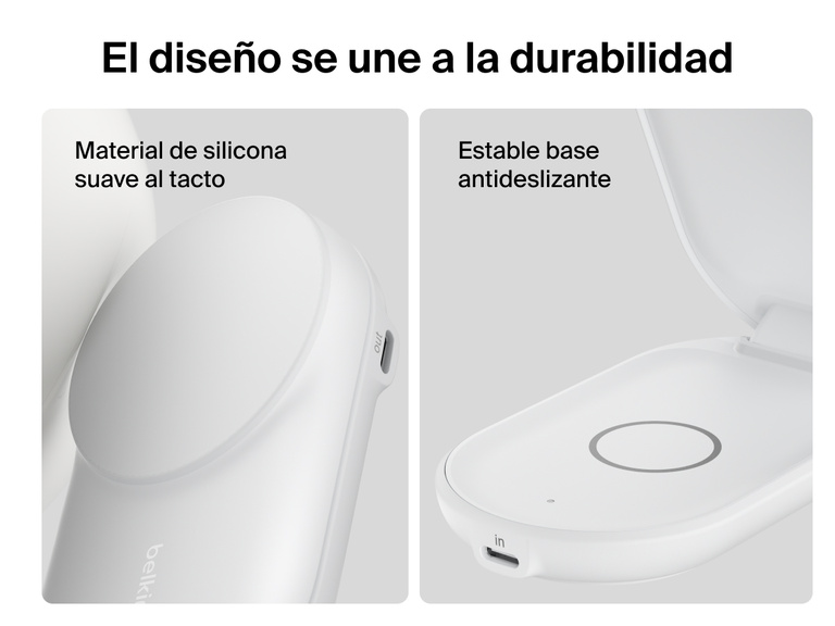 Primer plano del cargador magnético plegable 2 en 1 con Qi2 25W Belkin UltraCharge. Provisto de material de silicona suave y una base lastrada antideslizante para proporcionar una mayor durabilidad y seguridad.
