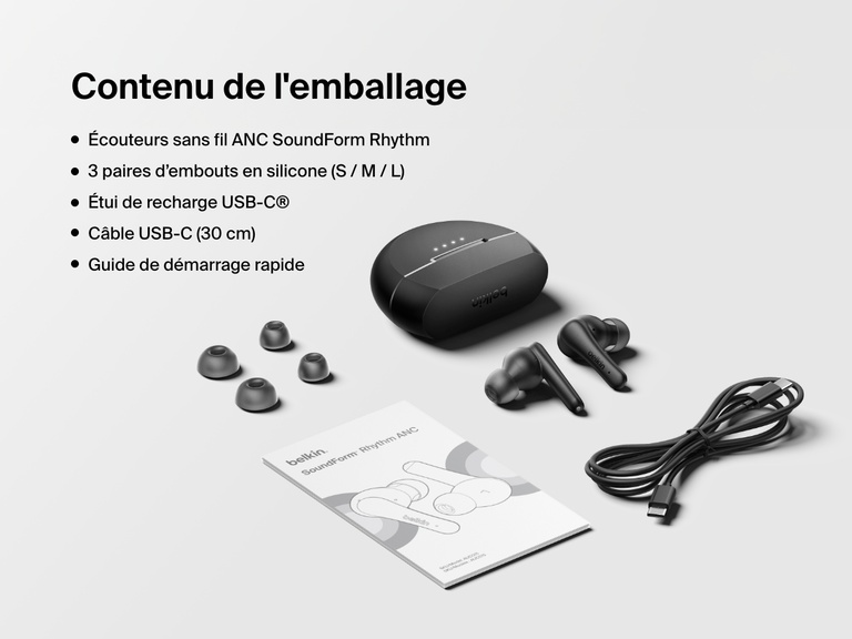 Image affichant le contenu de l’emballage des écouteurs sans fil ANC SoundForm Rhythm de Belkin : écouteurs, trois embouts en silicone de tailles différentes, étui de recharge USB-C, câble de recharge USB-C (1,2 m) et guide d'utilisation rapide.