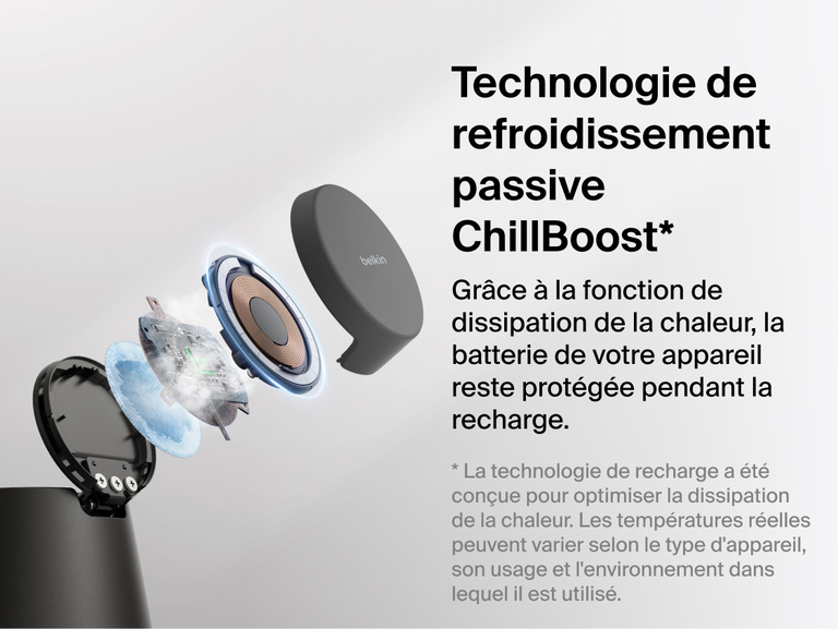 Image de la station de recharge modulaire Belkin UltraCharge avec Qi2 25&nbsp;W et la technologie de refroidissement passive ChillBoost con&ccedil;ue pour une meilleure dissipation de la chaleur et pour une protection de la batterie lors de la recharge sans fil.