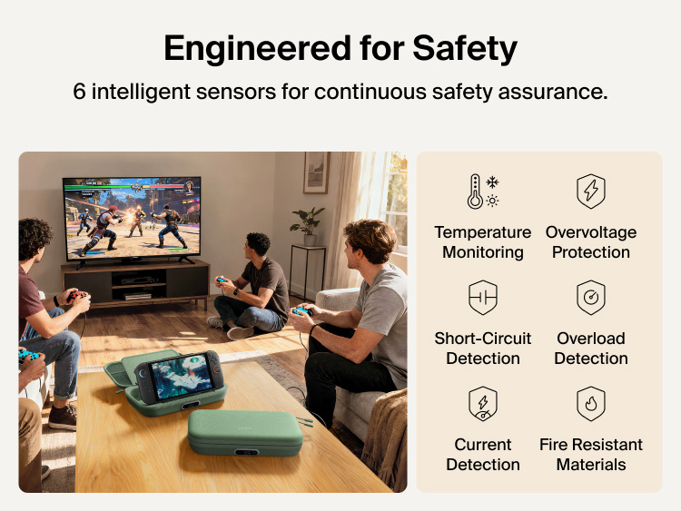 Belkin Gaming Charging Case Pro for Nintendo Switch 2 shown in a living room setup highlighting engineered safety features including temperature monitoring, overvoltage protection, overload detection, and fire-resistant materials.