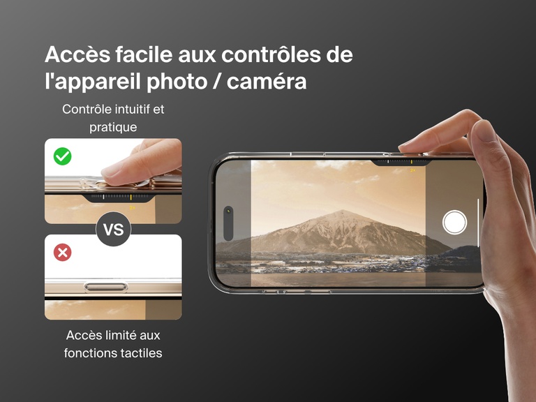 A demonstration of the SheerForce™ Magnetic iPhone Case's easy access to camera controls. The image compares the case’s intuitive and convenient control with a competitor’s design that limits touch functions and access. A hand is shown adjusting the camera zoom smoothly, highlighting the case's precise cutouts for an uninterrupted user experience.