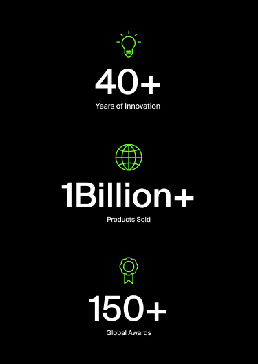 Een afbeelding met zwarte achtergrond en drie belangrijke cijfers met groene pictogrammen erboven: een gloeilamp boven “40+ jaar innovatie”, een wereldbol boven “1 miljard+ verkochte producten” en een rozet boven “150+ internationale onderscheidingen”