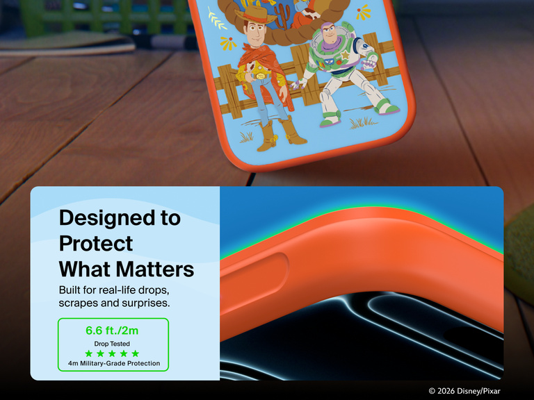 Belkin SheerForce Clear Toy Story 5 iPhone case featuring textured grip, touch-sensitive Camera Control button, and protective translucent construction.