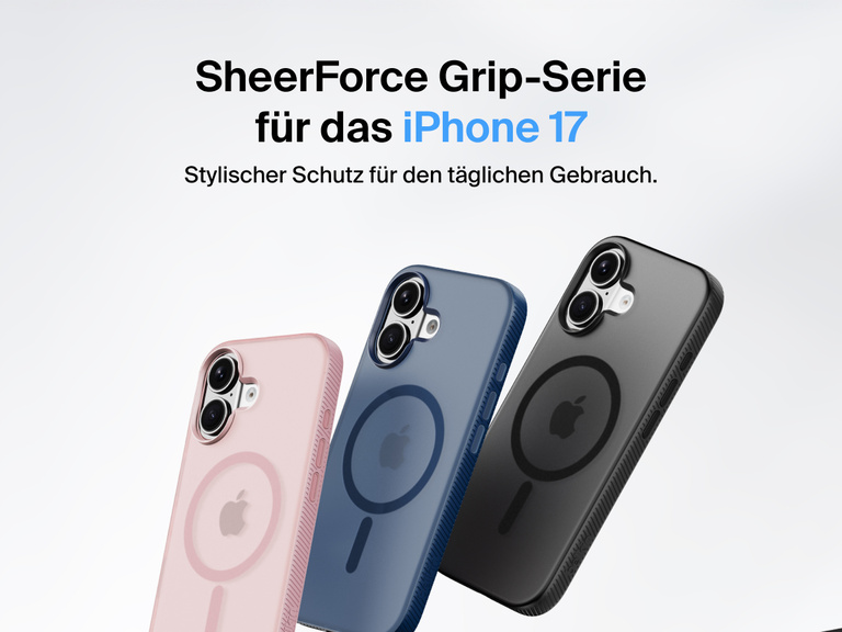 Belkin SheerForce Grip Series protective case for iPhone 17 shown in pink, clear, and black with slim design and MagSafe compatibility.