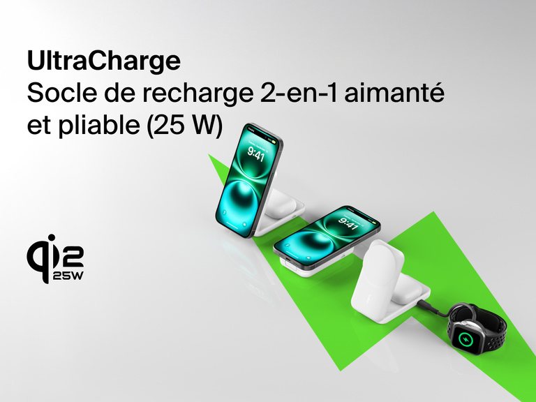 Socle de recharge 2-en-1 aimanté et pliable Belkin UltraCharge avec Qi2 25 W rechargeant un iPhone, des AirPods et une Apple Watch sur un support fin et compact.