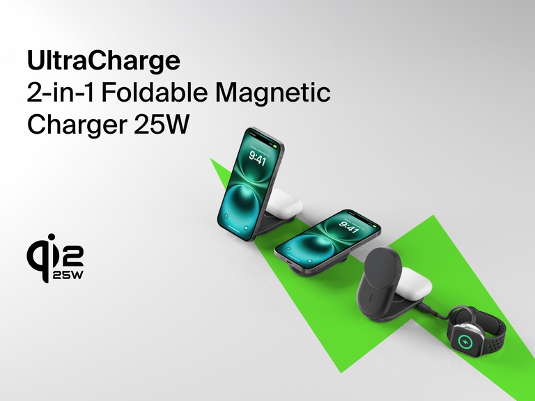 Belkin UltraCharge 2-in-1 Foldable Magnetic Charger with Qi2 25W shown charging iPhone, AirPods, and Apple Watch on a sleek, compact stand.