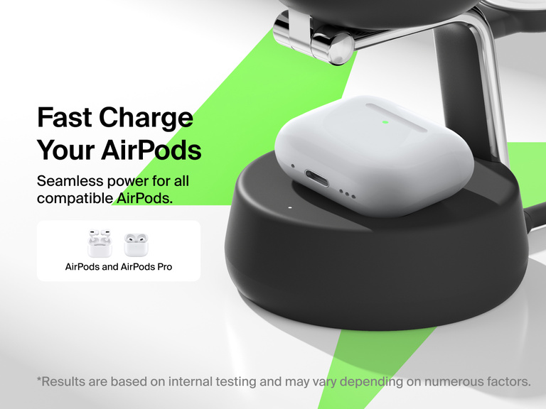 Belkin UltraCharge Pro 3-in-1 Magnetic Charging Dock with Qi2 25W offers fast, seamless wireless charging for all compatible AirPods and AirPods Pro models.
