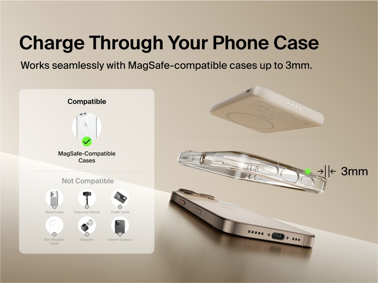 Belkin BoostCharge Slim Magnetic Power Bank 5K shown aligning with a smartphone and MagSafe-compatible case, demonstrating wireless charging through cases up to 3mm thick.