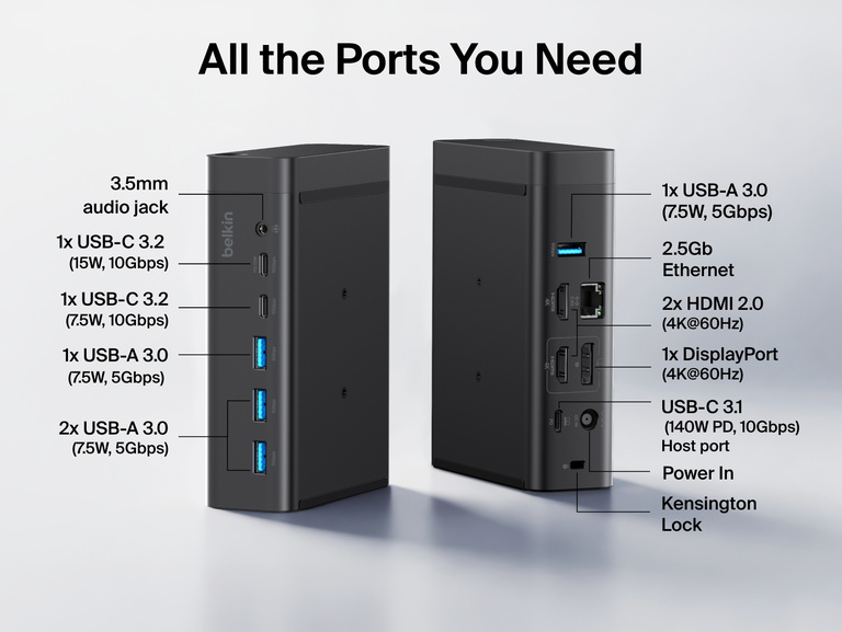 Front and back views of the Connect 12-Port Dual Display USB-C Dock with labeled ports, including a 3.5mm audio jack, USB-C 3.2 ports, USB-A 3.0 ports, USB-A 3.0, 2.5Gb Ethernet, 2 HDMI 2.0 ports, a DisplayPort, a USB-C host port, power in, and a Kensington lock slot