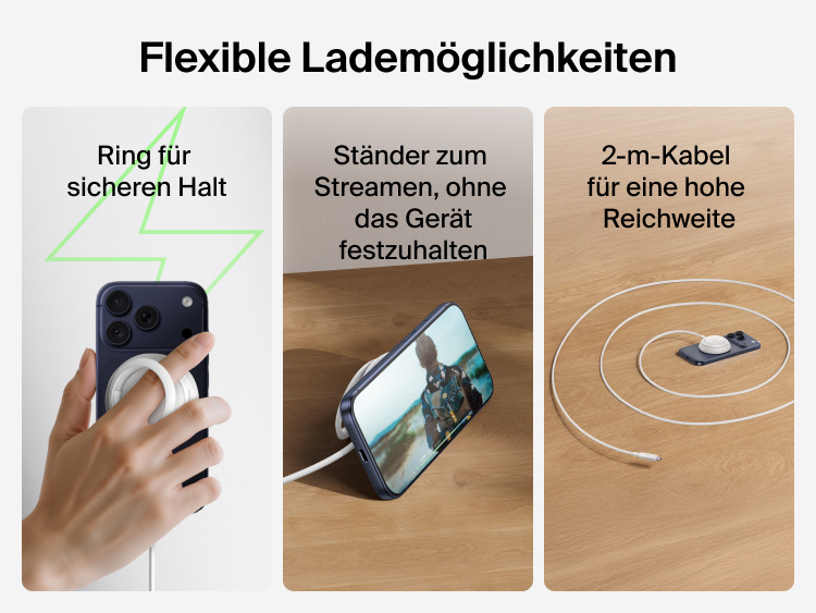 Die Funktion des ringf&ouml;rmigen Halters und St&auml;nders des Belkin UltraCharge magnetischen Ladeger&auml;ts mit Qi2 25W wird veranschaulicht und das enthaltene 2-m-Kabel zum flexiblen und Laden und zur Verwendung, ohne das Ger&auml;t festhalten zu m&uuml;ssen, wird gezeigt.
