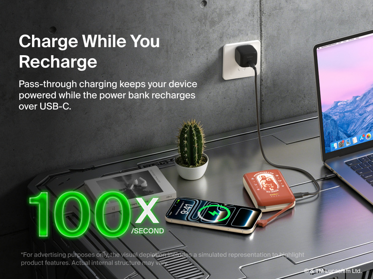 Belkin BoostCharge Power Bank 10K with Integrated Cable supports pass-through charging, allowing devices to charge while the power bank recharges.