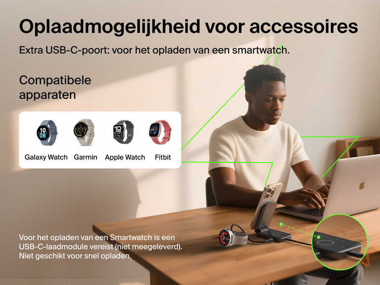 Afbeelding van de Belkin UltraCharge 2-in-1 uitklapbare magnetische lader met Qi2 25W tijdens het opladen van een iPhone en smartwatch via de extra USB-C-poort, compatibel met Apple Watch, Galaxy Watch, Garmin en Fitbit.