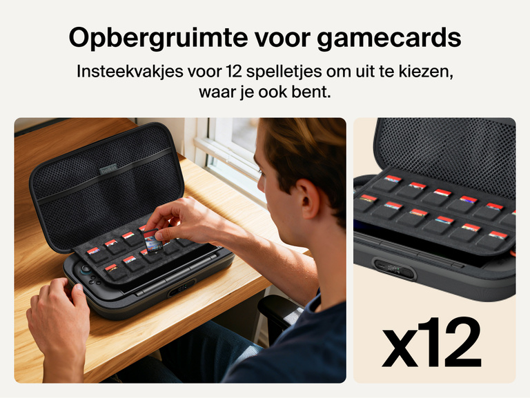Belkin Gaming Charging Case Pro for Nintendo Switch 2 shown with integrated game card sleeve holding up to 12 cartridges for organized portable storage.