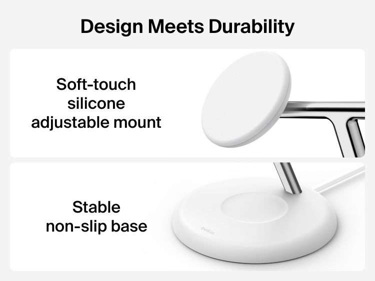 Belkin UltraCharge 3-in-1 Wireless Charging Stand with Qi2 25W highlighting soft-touch adjustable magnetic mount and stable non-slip base for durable everyday use