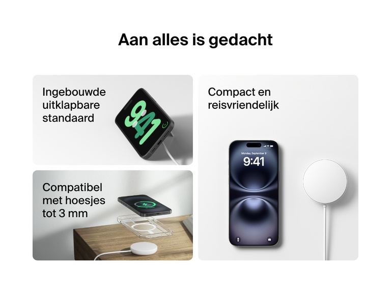 Verschillende eigenschappen van een wit Belkin BoostCharge Pro magnetisch draadloos laadstation met Qi2 (15 W) worden uitgelicht: de uitklapbare standaard, de compacte, reisvriendelijke vormgeving en compatibiliteit met iPhone-hoesjes tot 3 mm dik.