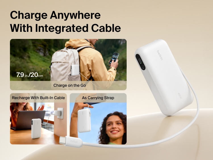 Belkin UltraCharge 20K 45W power bank with integrated USB-C cable for on-the-go charging, easy recharging, and convenient carry strap functionality