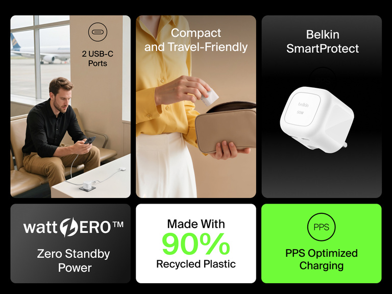 Belkin BoostCharge Pro Dual USB-C GaN Wall Charger 50W shown with features including 2 USB-C ports, PPS optimized charging, Belkin SmartProtect, compact travel-friendly design, and made with 90% recycled plastic.