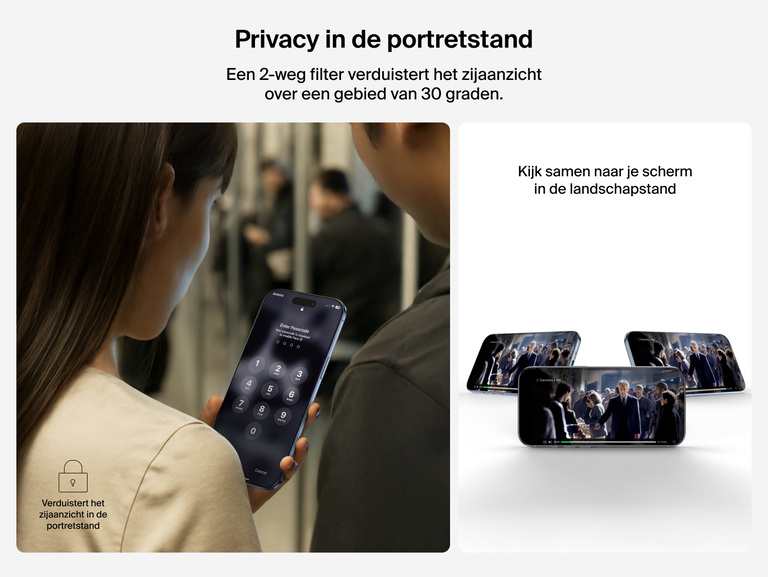 Belkin ScreenForce InvisiGlass Privacy Screen Protector provides 2-way portrait mode privacy with 30-degree side-view blocking.