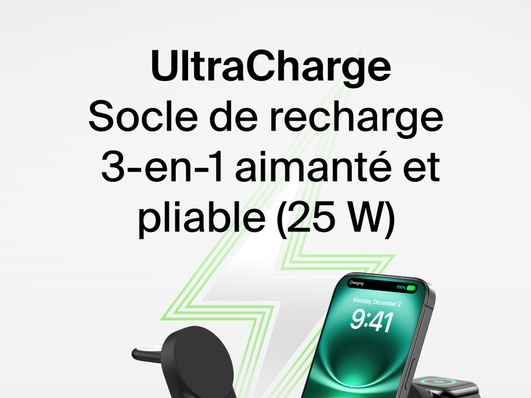 Socle de recharge 3-en-1 aimanté et pliable Belkin UltraCharge avec Qi2 (25 W) rechargeant un iPhone avec un graphique d’éclair vert en fond.