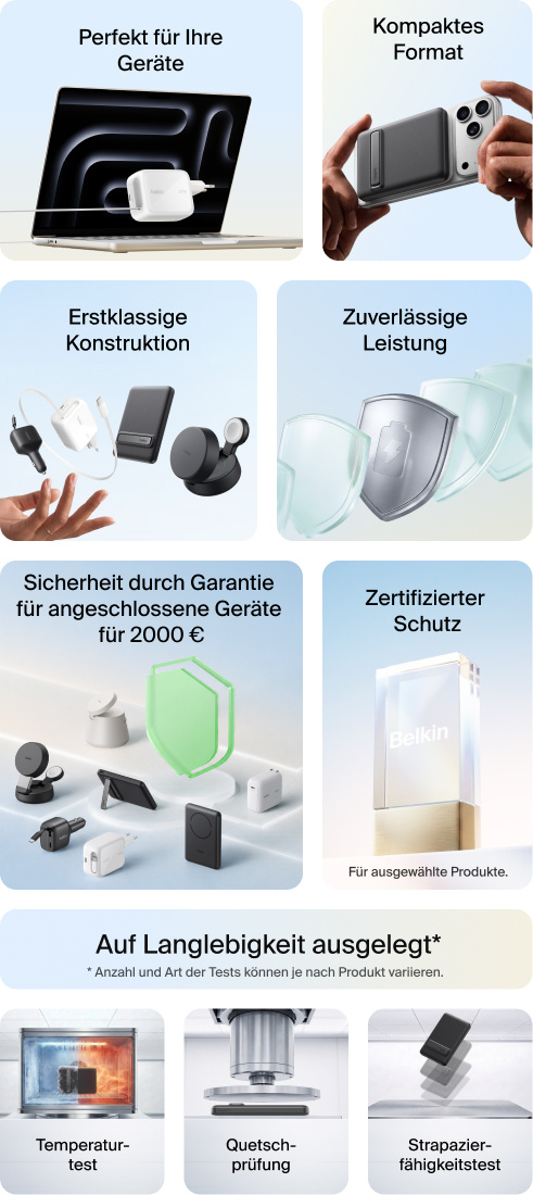 Belkin Kollektion zum Laden unterwegs: perfekt f&uuml;r Ger&auml;te, kompaktes Format, erstklassige Konstruktion, zuverl&auml;ssiger Betrieb, Garantie f&uuml;r angeschlossene Ger&auml;te f&uuml;r 2000&nbsp;&euro; zur Sicherheit, zertifizierter Schutz, auf Langlebigkeit ausgelegt&nbsp;&ndash; Temperatur- Stauch- und Best&auml;ndigkeitspr&uuml;fungen unterzogen