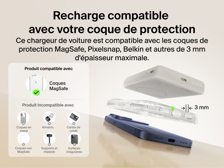 Slim Magnetic Power Bank 10K with Qi2 positioned above smartphone with case showing compatibility and magnetic attachment spacing