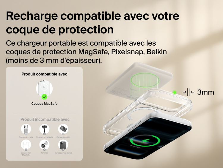 Belkin BoostCharge Slim Magnetic Power Bank 5K with Qi2 wirelessly charging a smartphone through a MagSafe-compatible case up to 3 mm thick for convenient everyday use.