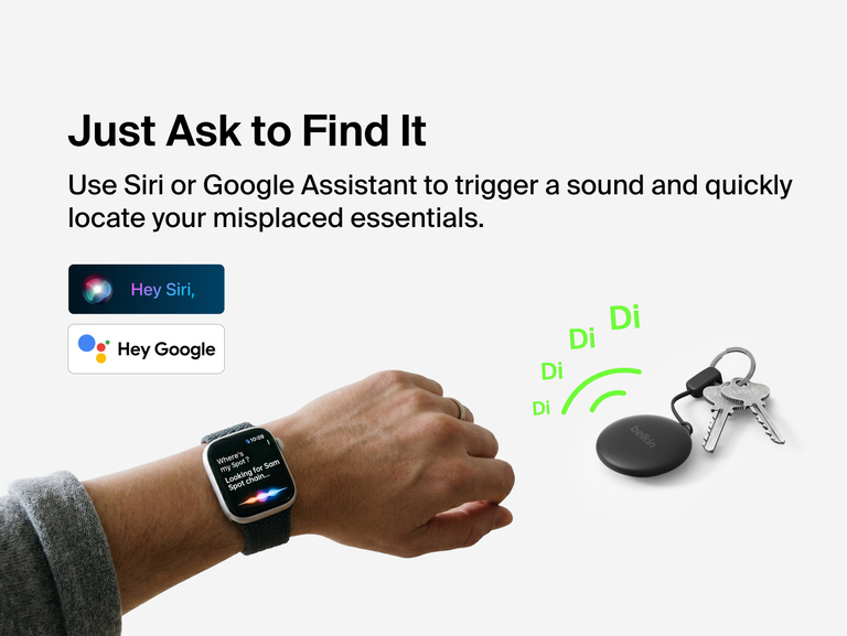 Belkin SureFind Spot attached to keys can trigger a sound using Siri or Google Assistant to help locate misplaced essentials.