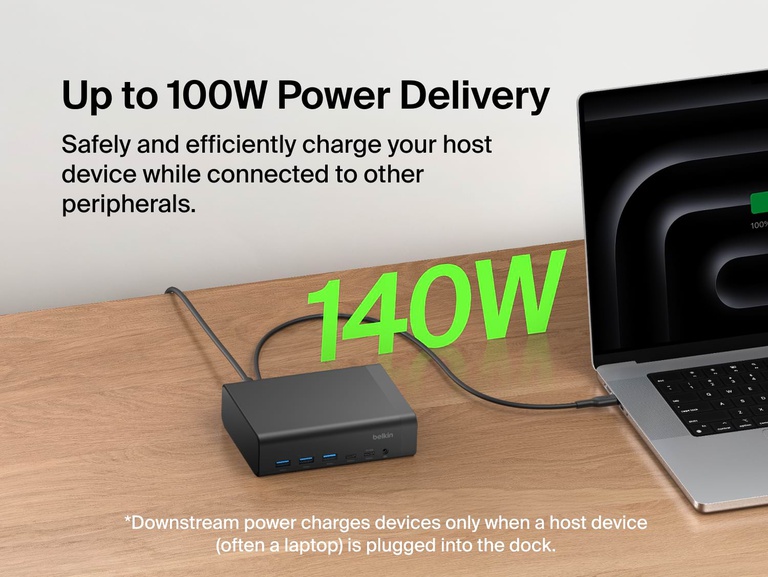 Connect 12-Port Dual Display USB-C Dock on a desk connected to a laptop, illustrating up to 140W power delivery to charge a host device while connected to other peripherals