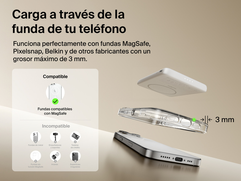 Belkin BoostCharge Slim Magnetic Power Bank 5K shown aligning with a smartphone and MagSafe-compatible case, demonstrating wireless charging through cases up to 3mm thick.