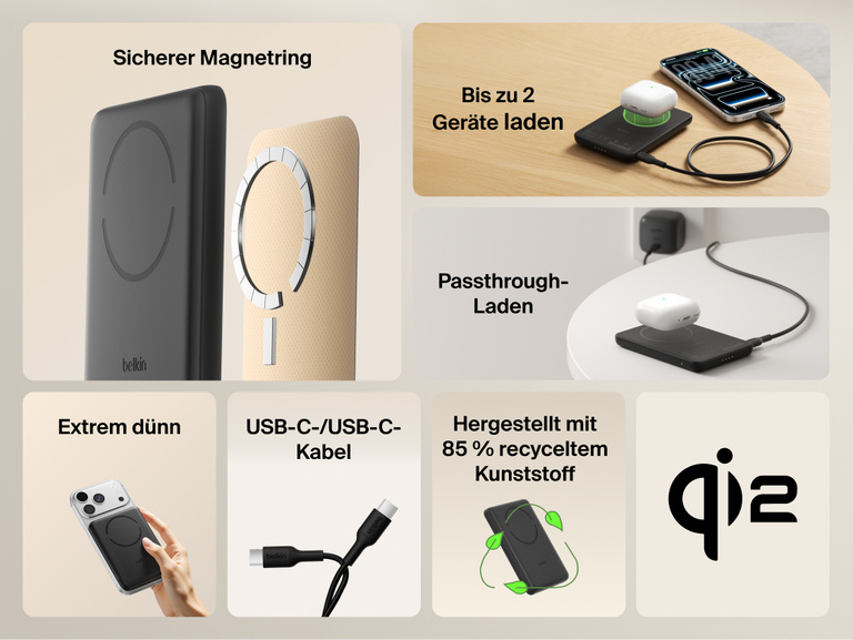 Belkin BoostCharge Slim Magnetic Power Bank 5K with Qi2 shown highlighting secure magnetic attachment, ultra-slim design, dual-device charging, USB-C connectivity, pass-through charging, and sustainability features.