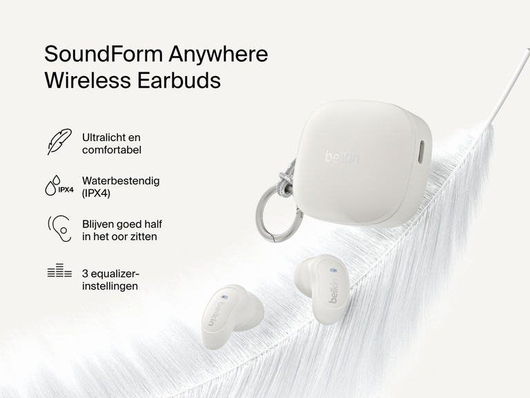 Belkin SoundForm Anywhere Wireless Earbuds with charging case shown on feather highlighting lightweight comfort, secure semi in-ear fit, IPX4 water resistance, and 3 EQ presets.