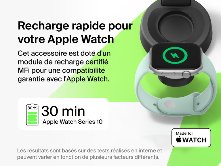 Image du socle de recharge 2-en-1 Belkin UltraCharge&nbsp;Pro aimant&eacute; et pliable avec Qi2 25&nbsp;W dot&eacute; d'un module de recharge pour Apple&nbsp;Watch certifi&eacute; MFi, et offrant une recharge de z&eacute;ro &agrave; 80&nbsp;% en 30&nbsp;minutes sur les mod&egrave;les compatibles.